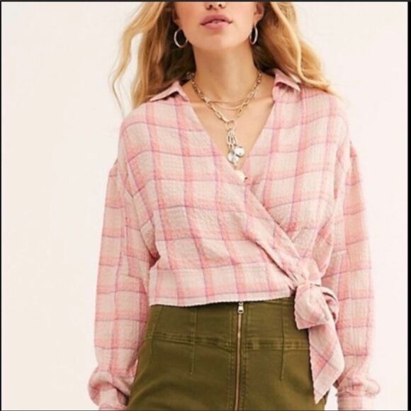 NWT Free People Shirt We The Free Plaid Wrap Women's Small Pink Long Sleeve - Picture 1 of 5